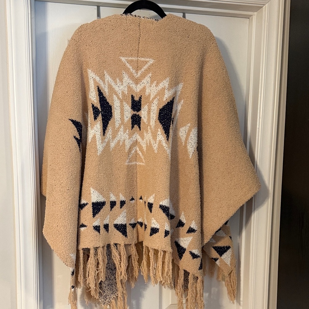 Cozy Aztec Fringe Poncho Sweater - Beige - Picture 5 of 5